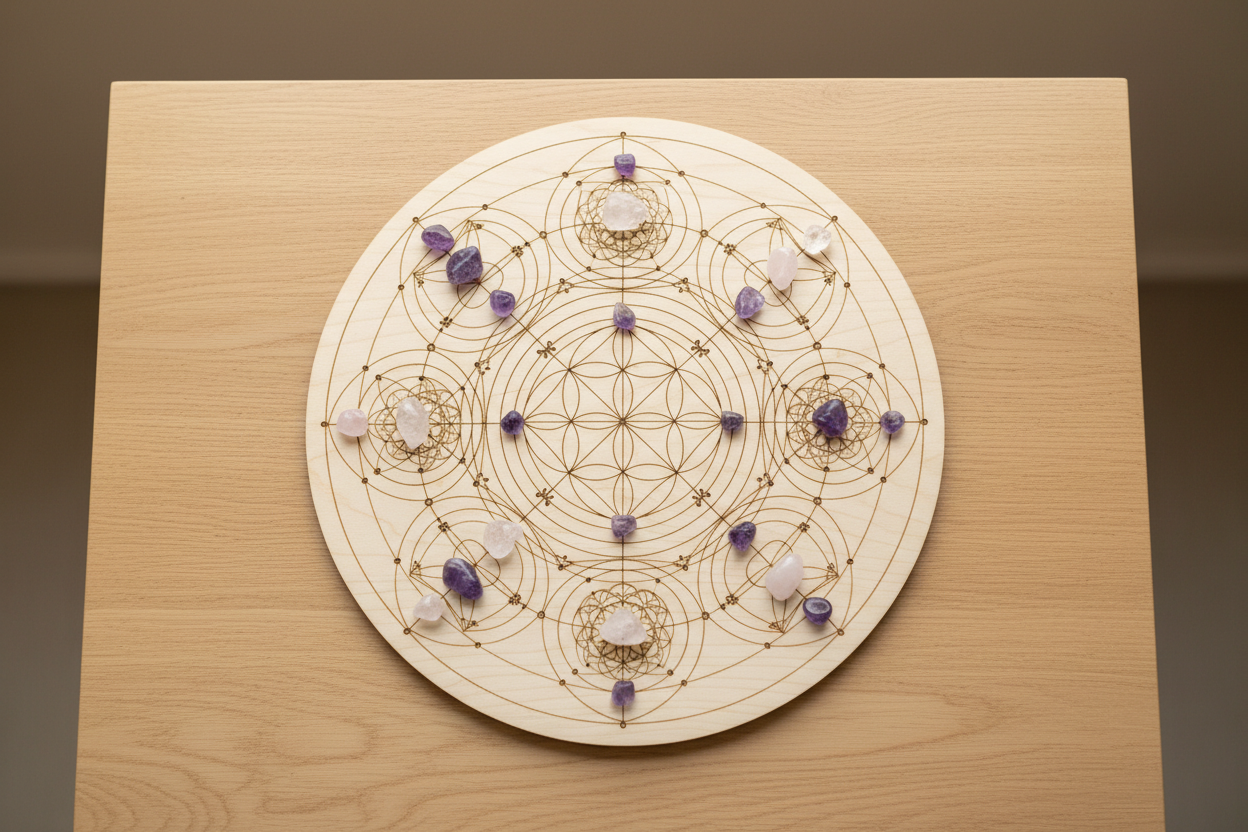 houten grid met kristallen