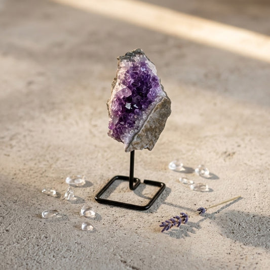 amethist cluster op pin op een natuursteen met een takje gedroogde lavendel