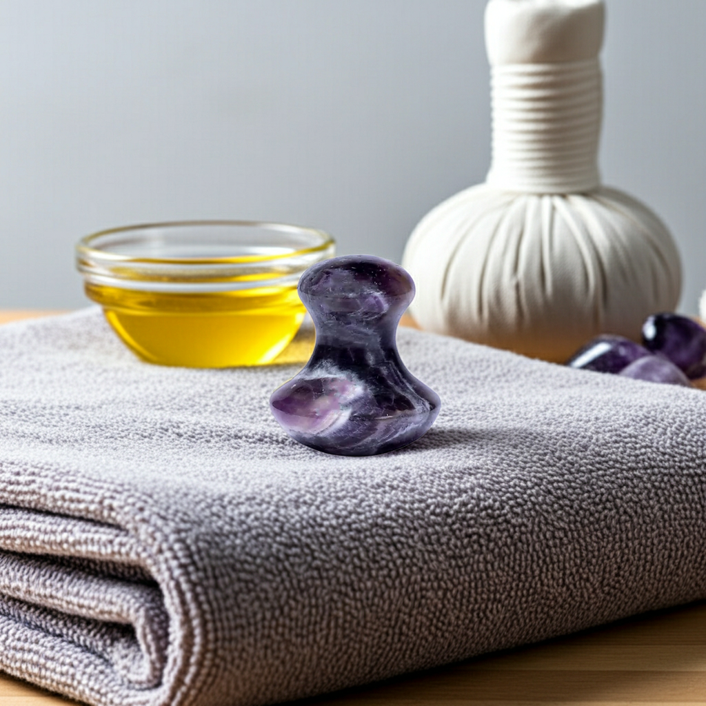 Amethist massage tool op een handdoek en met een schaaltje olie op de achtergrond