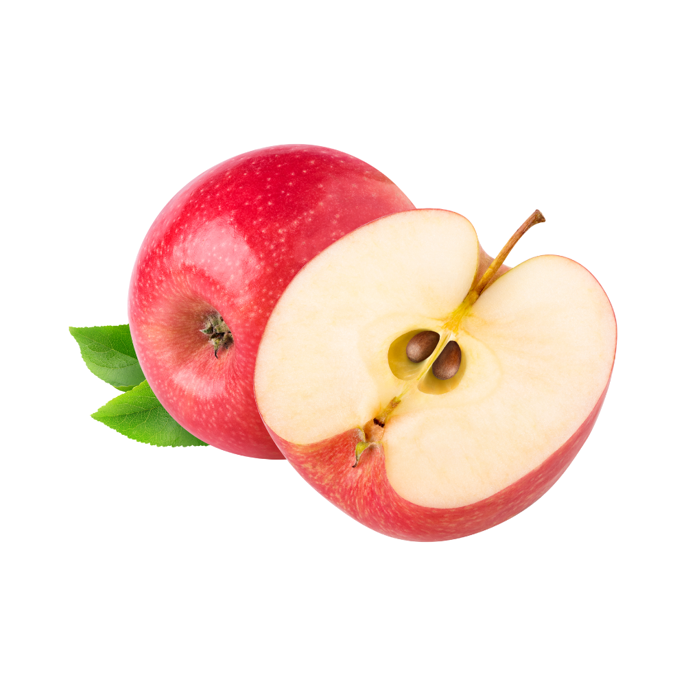 een hele en een halve rode Appel met groende blaadjes