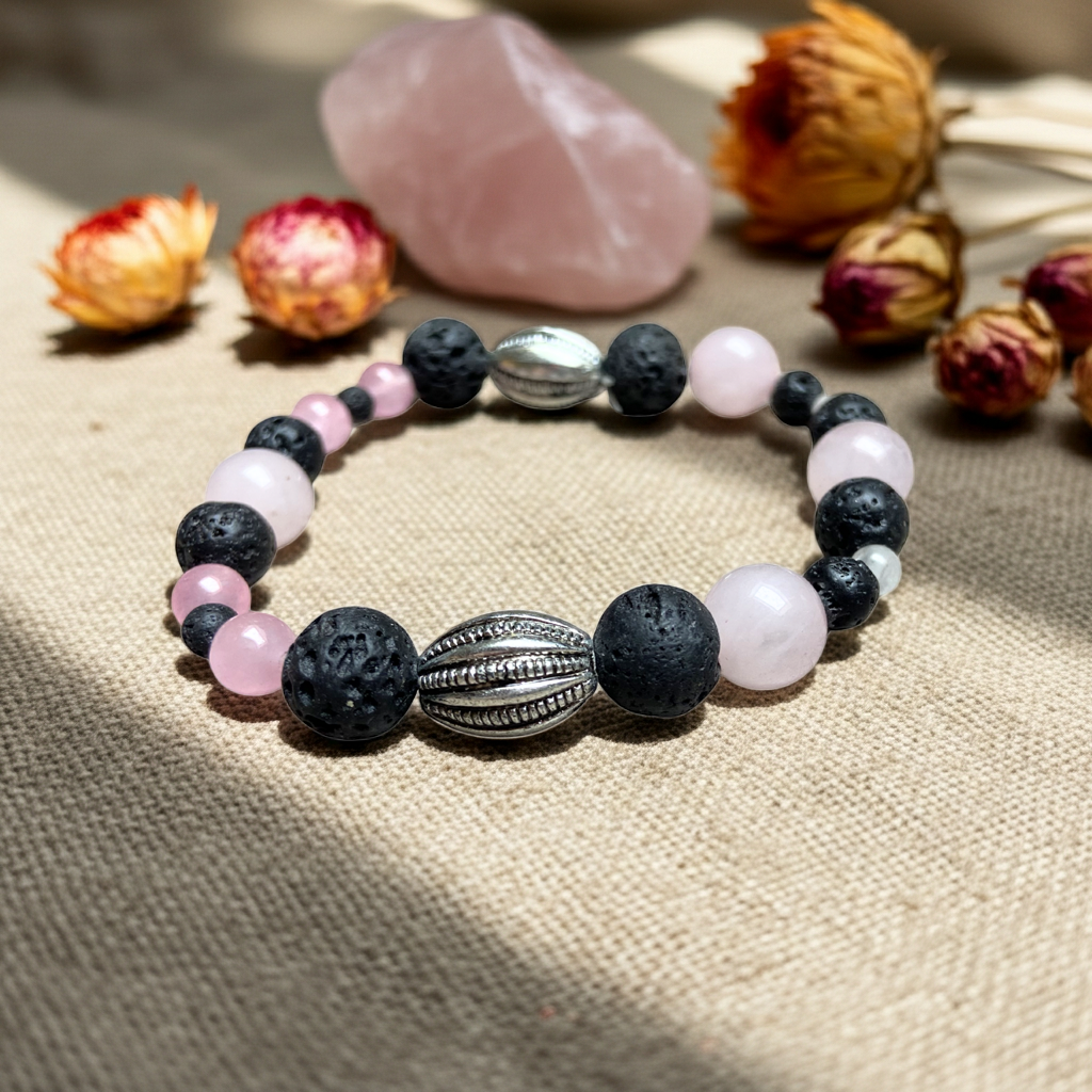 rozenkwarts armband met lavasteen op een linnen doek met gedroogde bloemen en een kristal op de achtergrond