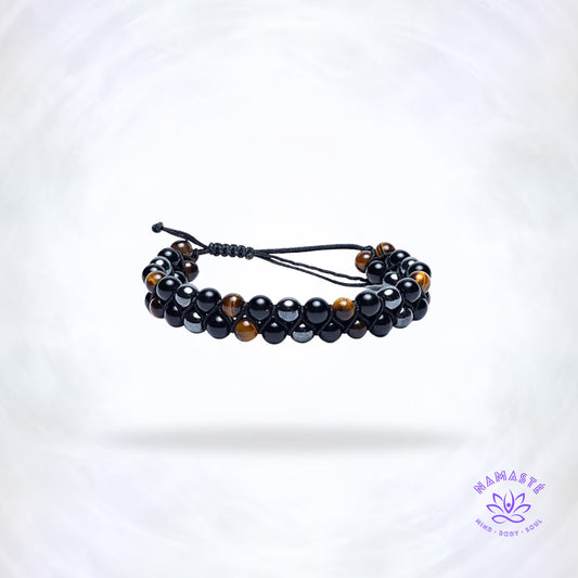 Hematiet, obsidiaan en tijgeroog armband – dubbele rij edelstenen die bescherming, aarding en persoonlijke kracht ondersteunen.