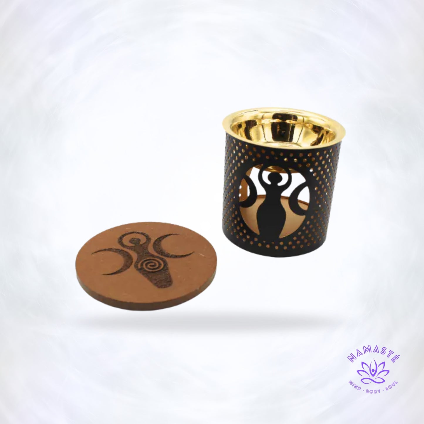 Theelichthouder en aromabrander in halve maan design – messing en hout – spirituele decoratie.