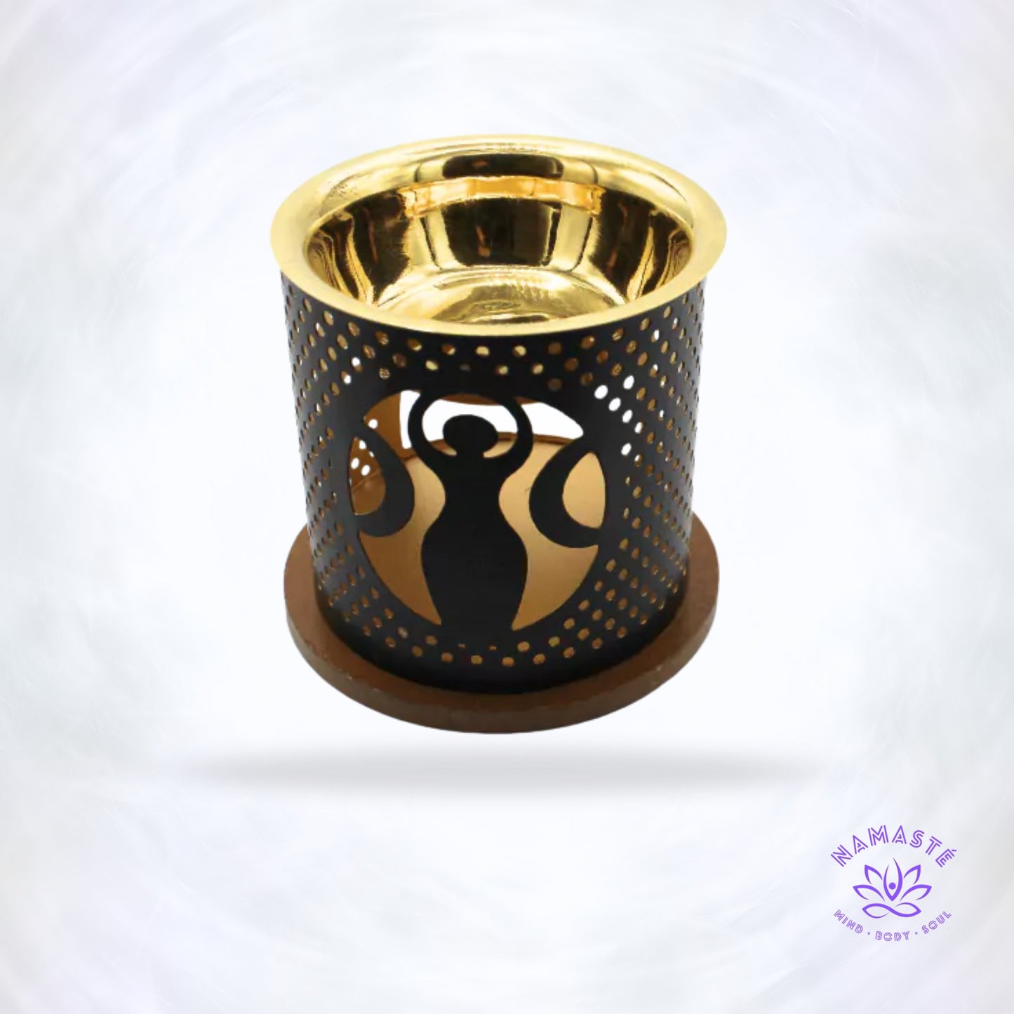 Theelichthouder en aromabrander in halve maan design – messing en hout – spirituele decoratie.