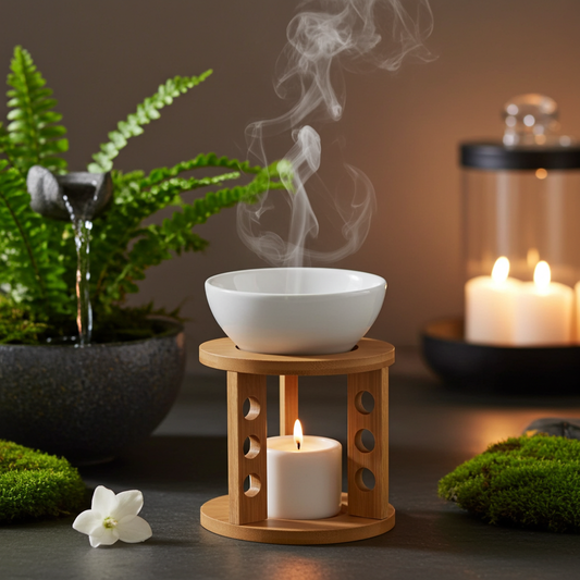 Foto van een houten aromabrander met witte schaal, brandend kaarsje eronder en rookpluim, met planten en kaarsen op de achtergrond