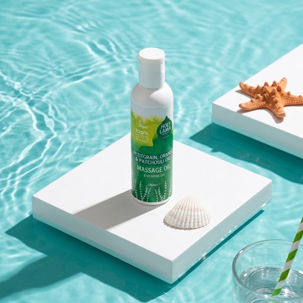everfresh massageolie op een witte tegel in het water met een zeester en schelp