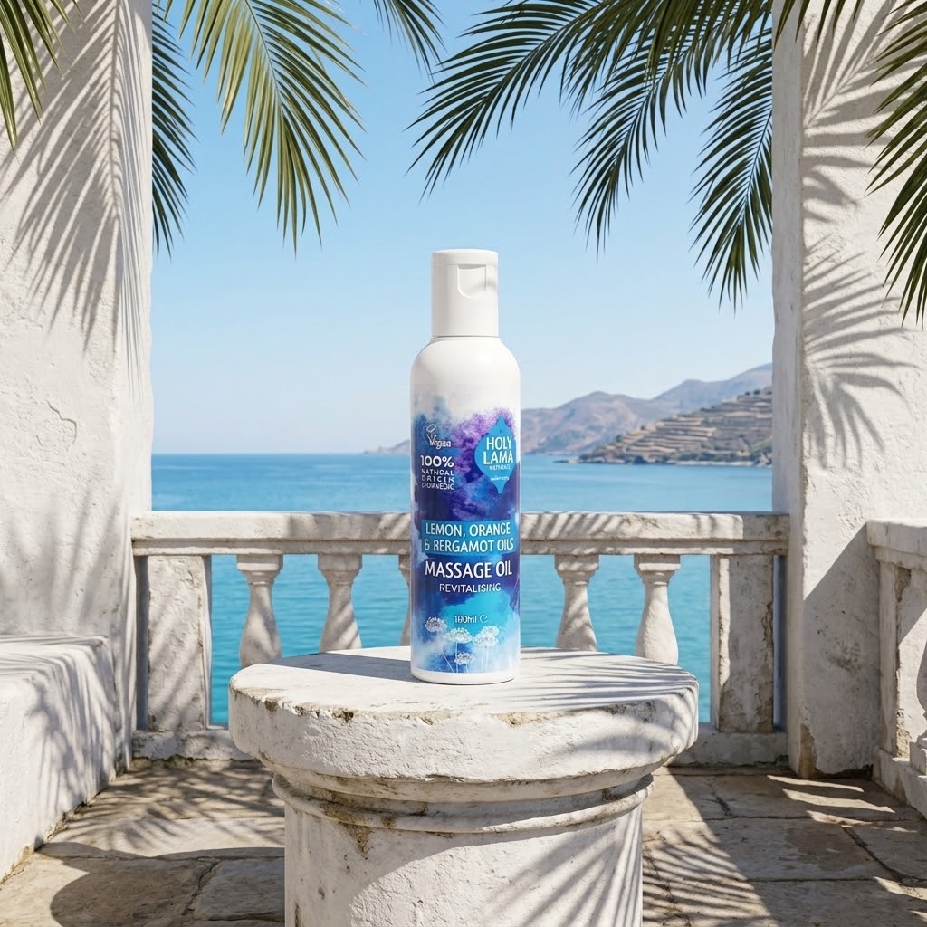 revitalizing massageolie op een zuil met zee en palmbomen op de achtergrond