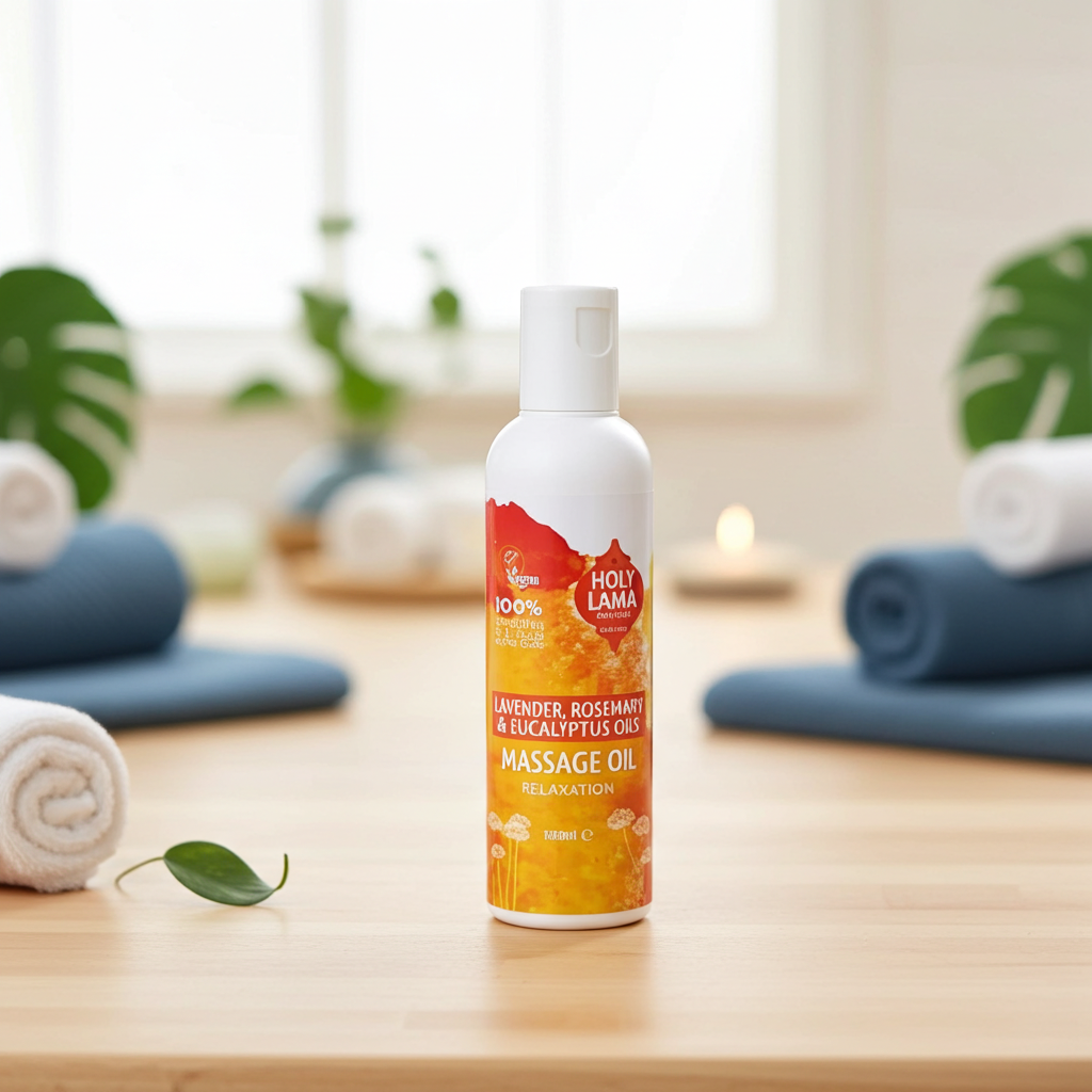 Foto van een flesje Relaxation massage-olie met lavendel, rozemarijn en eucalyptus, in een wellness- of spa-setting