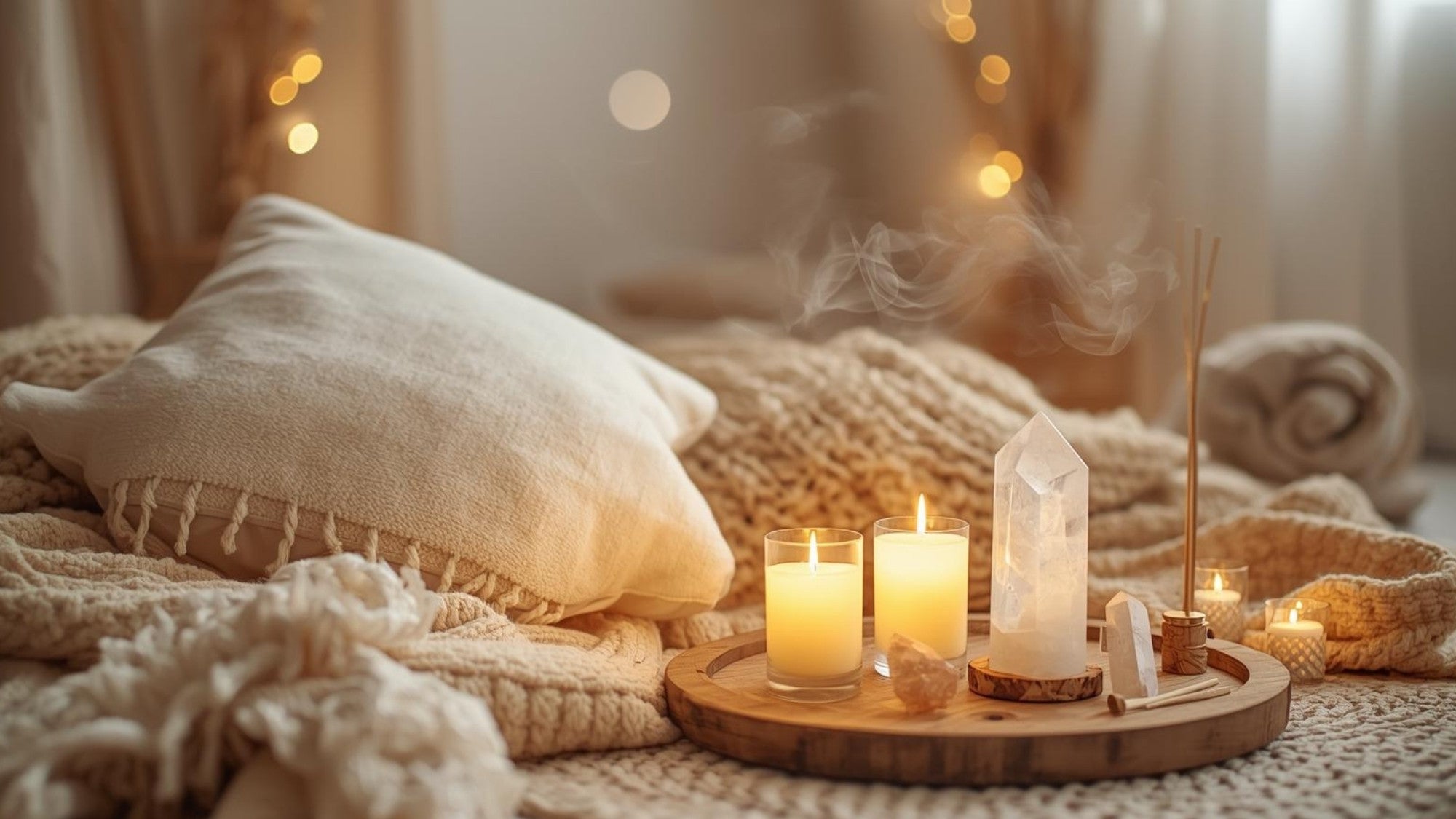 Rustige setting met kaarsen, wierook, kristallen, kussens en dekens