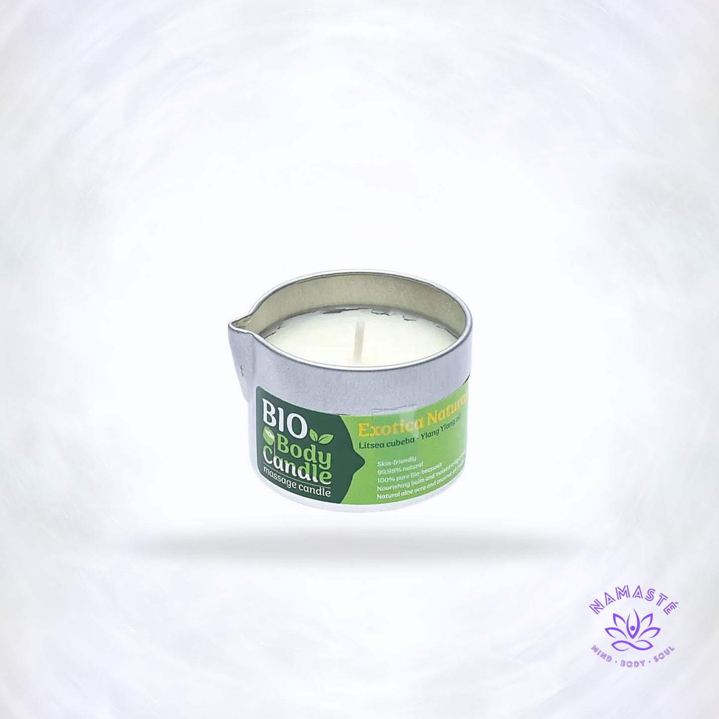 Biologische massagekaars in aluminium potje – smelt tot warme verzorgende massageolie met exotische geur.