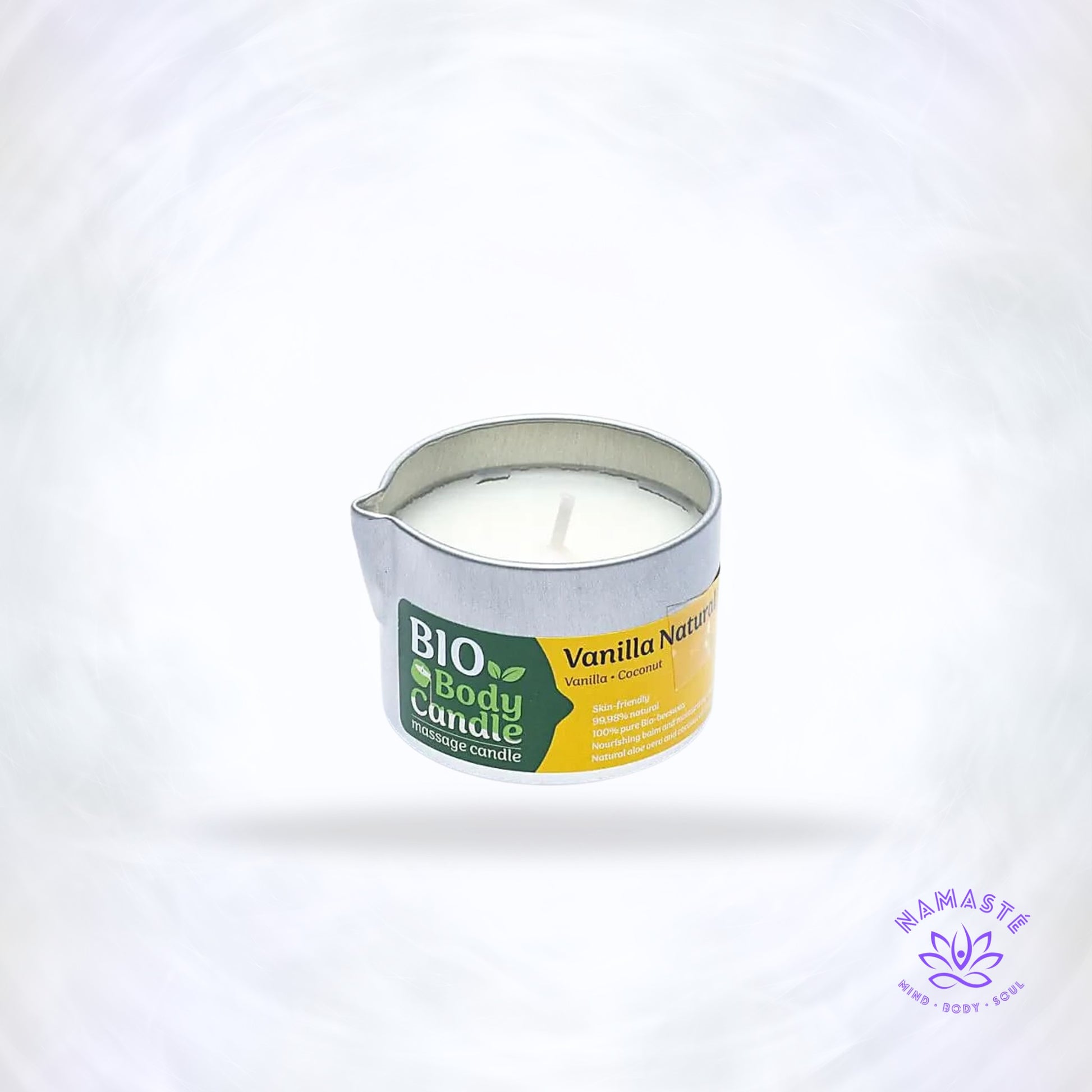 Biologische massagekaars vanille – smelt tot warme massage-olie in aluminium potje.