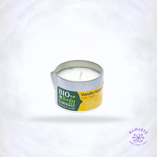 Biologische massagekaars vanille – smelt tot warme massage-olie in aluminium potje.