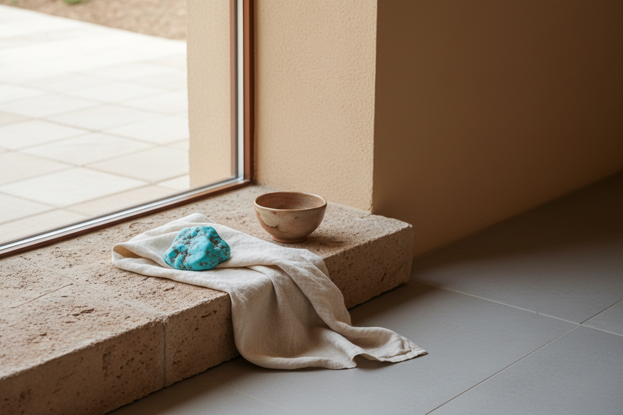 Natural lifestyle photograph of a quiet ritual moment inspired by openness and exploration.
Soft daylight near a window or outdoor edge, light feeling.
A raw, matte turquoise stone resting casually on natural stone.
Minimal everyday elements like a folded cloth or simple ceramic object, loosely placed.
Calm, authentic setting, no shine, no symbols, no people.
Earthy tones with touches of sky blue, warm sand and soft grey.