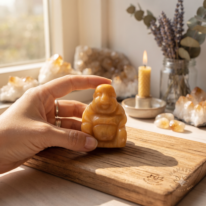 Buddha Gele Jade in de hand in een spirituele setting