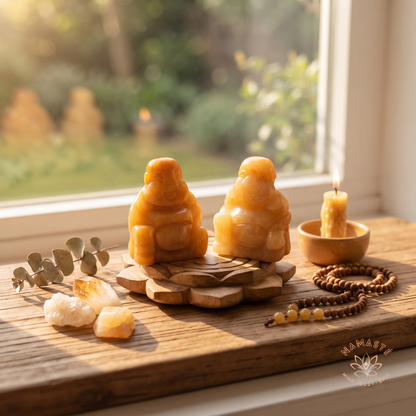 Buddha Gele Jade in een spirituele setting bij het raam