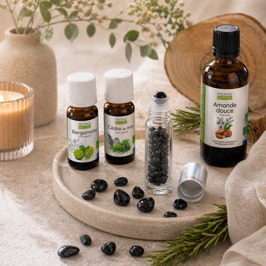 DIY bundel voor Balans met ceder, bergamot, amandelolie en een roller met zwarte toermalijn