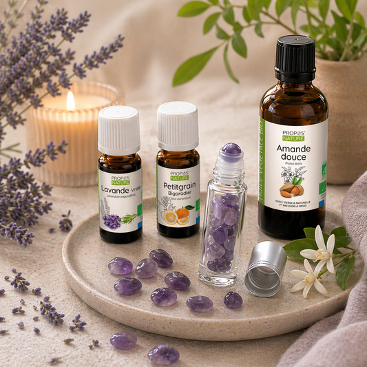 bundel voor rust met amethist, petitgrain, lavendel en amandelolie