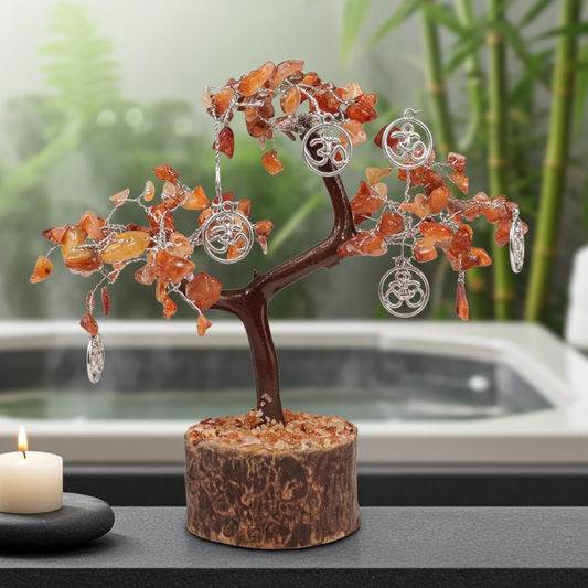 Foto van een edelsteenboom met carneoolsteentjes op houten voet, met kaars en bamboe op de achtergrond