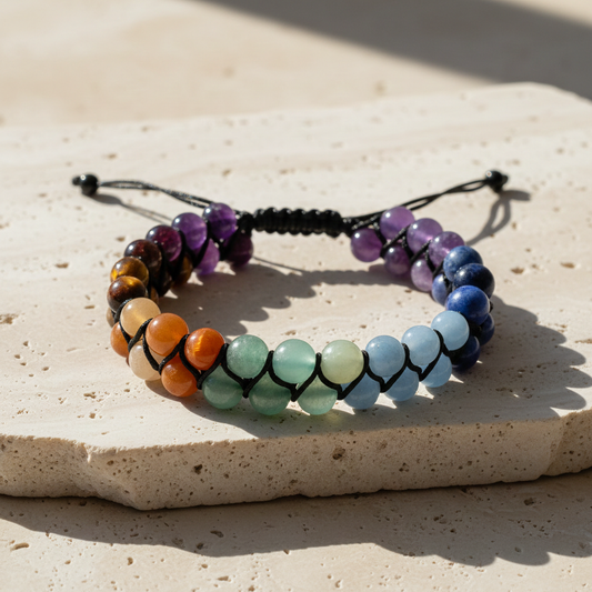 verstelbare chakra armband met dubbele rij kralen op een natuursteen in het zonlicht
