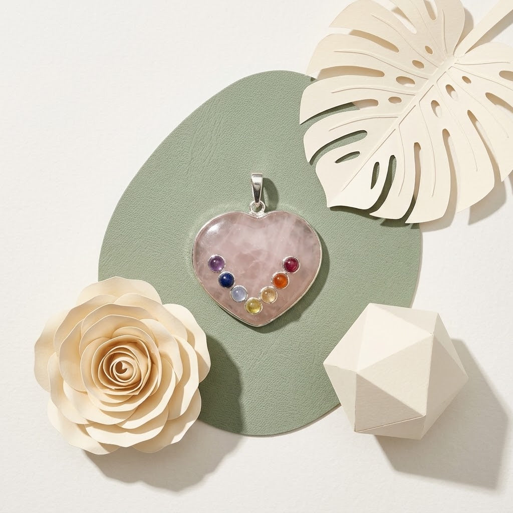 hartvormige chakra rozenkwarts hanger op een groene ondergrond met beige bloemknutsels