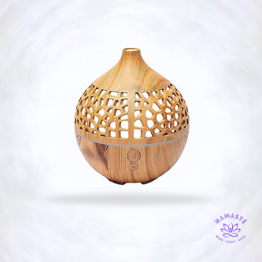 Aroma diffuser Deco Round Naturel USB – ronde, natuurlijke diffuser met LED-licht die etherische oliën vernevelt voor rust en aromatherapie.