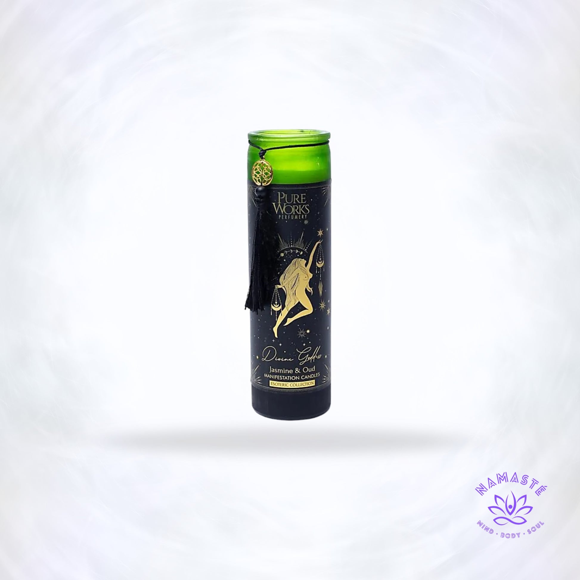 Manifestatiekaars Divine Goddess – handgegoten glazen kaars met jasmijn en oudh, symbool van vrouwelijke kracht, intuïtie en transformatie.