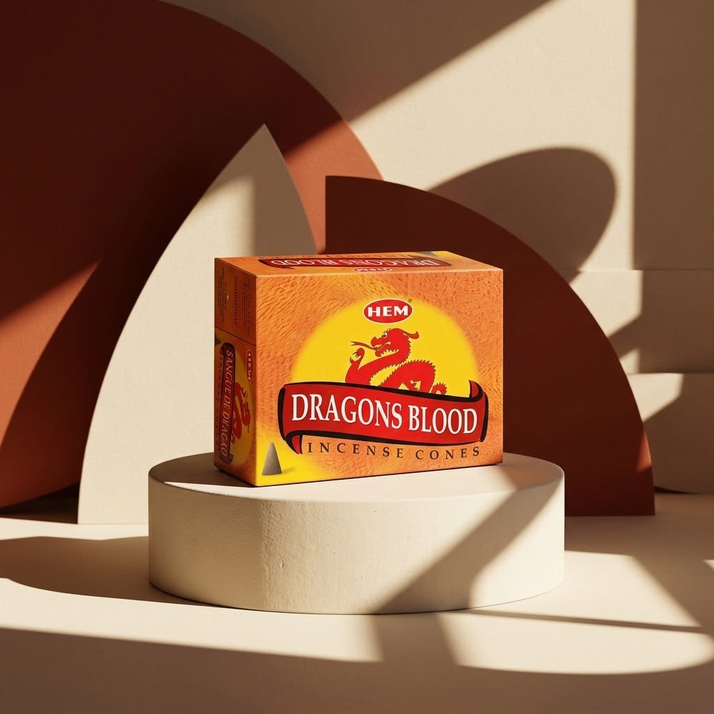 doosje dragons blood wierookkeels op een verhoogje 