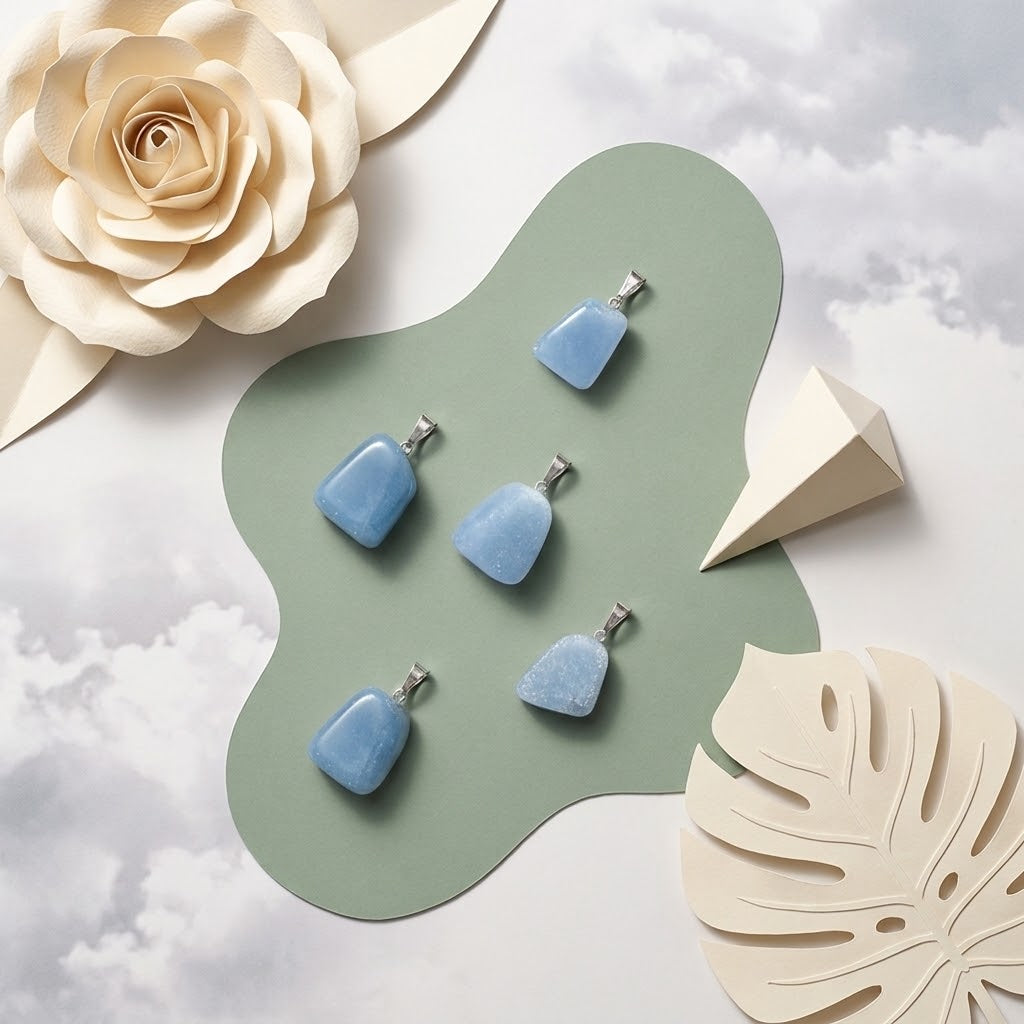 angeliet hangers op groene ondergrond met beige bloemknutsels