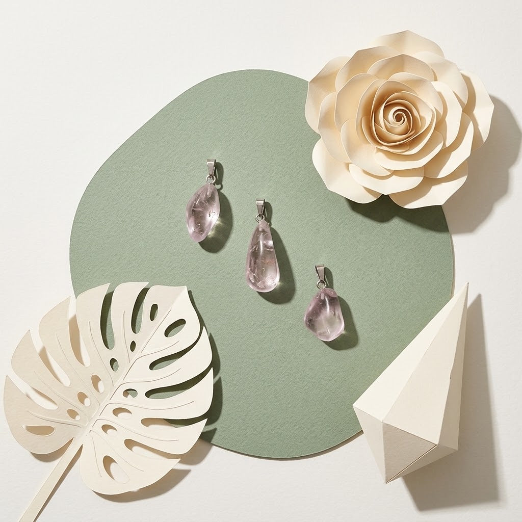 bergkristal hangers op groene ondergrond met beige bloemknutsels