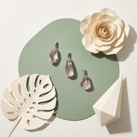 bergkristal hangers op groene ondergrond met beige bloemknutsels