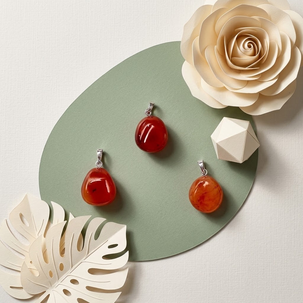 carneool hangers op groene ondergrond met beige bloemknutsels