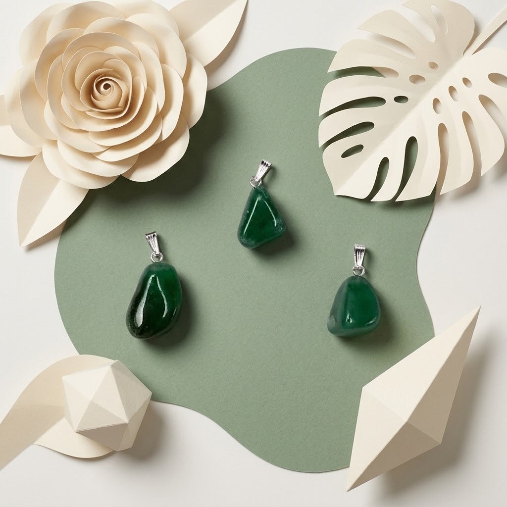 groene aventurijn hangers op groene ondergrond met beige bloemknutsels