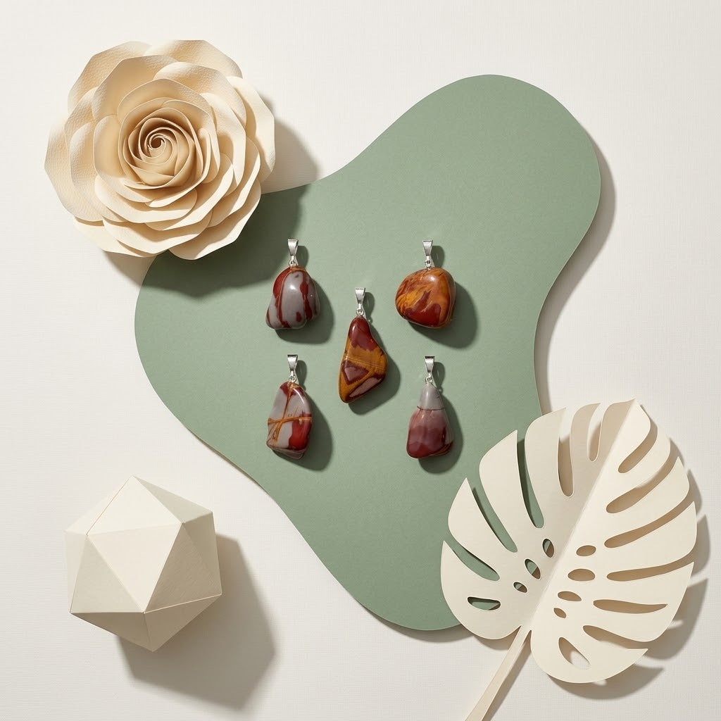 noreena jaspis hangers op groene ondergrond met beige bloemknutsels
