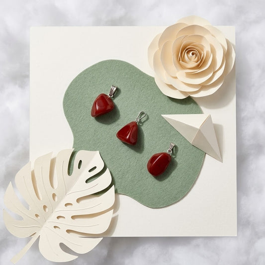rode jaspis hangers op groene ondergrond met beige bloemknutsels