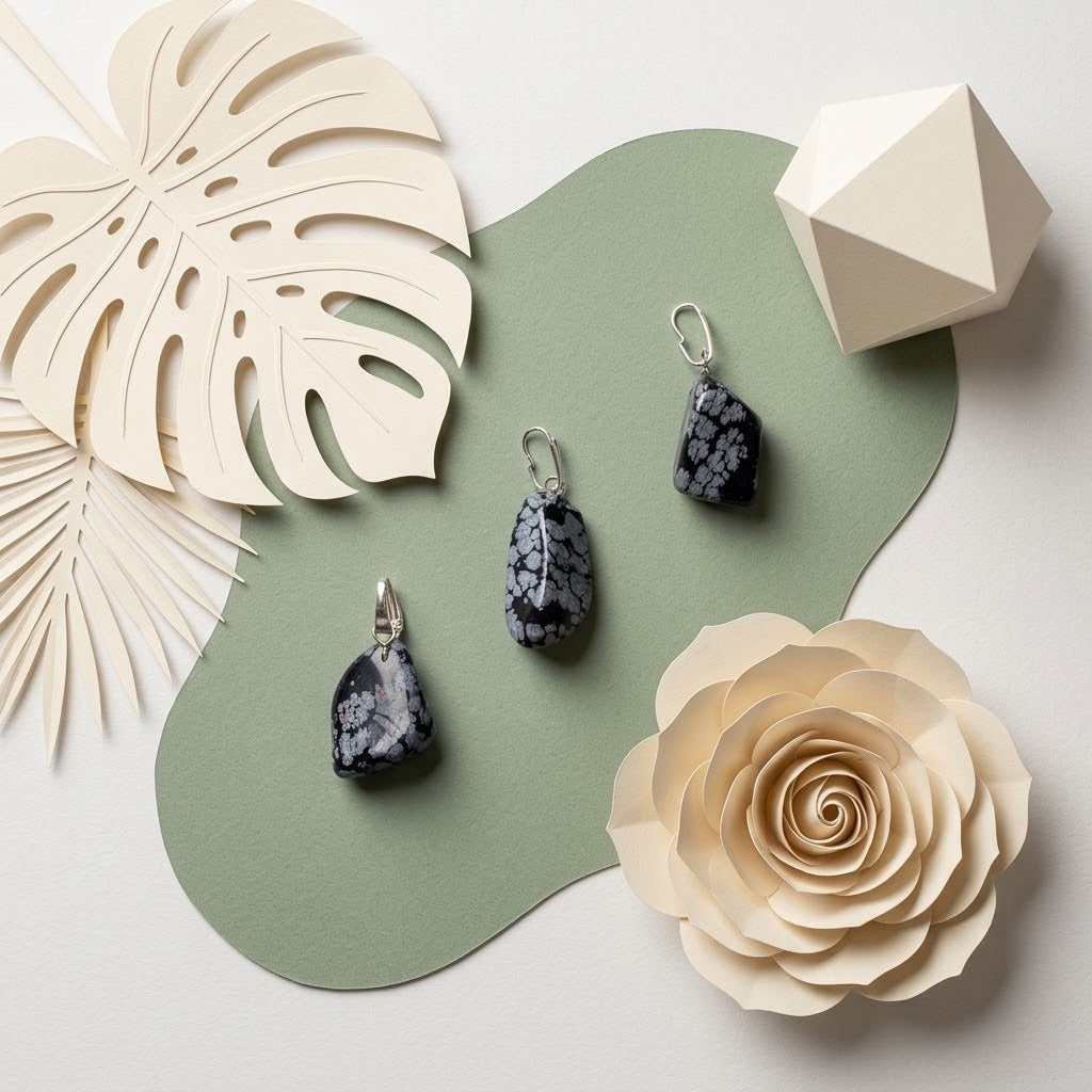 sneeuwvlok obsidiaan hangers op groene ondergrond met beige bloemknutsels