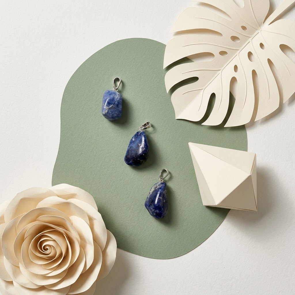 sodaliet hangers op groene ondergrond met beige bloemknutsels