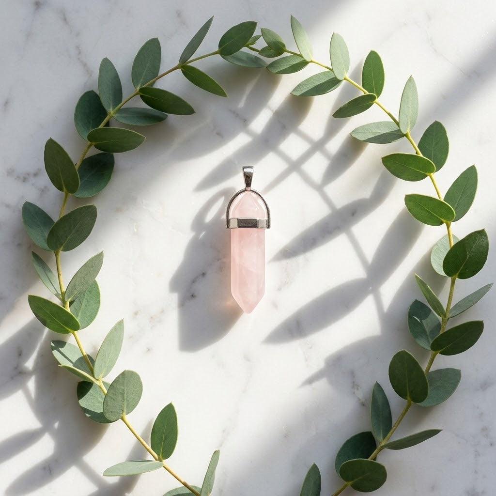 staaf rozenkwarts hanger op een marmeren ondergrond met wat eucalyptus rond