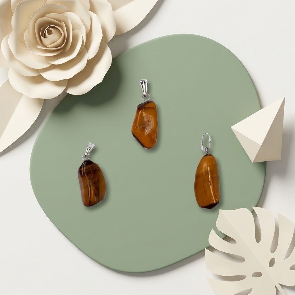 tijgeroog hangers op groene ondergrond met beige bloemknutsels
