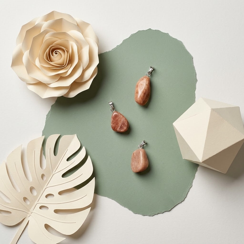 veldspaat hangers op groene ondergrond met beige bloemknutsels