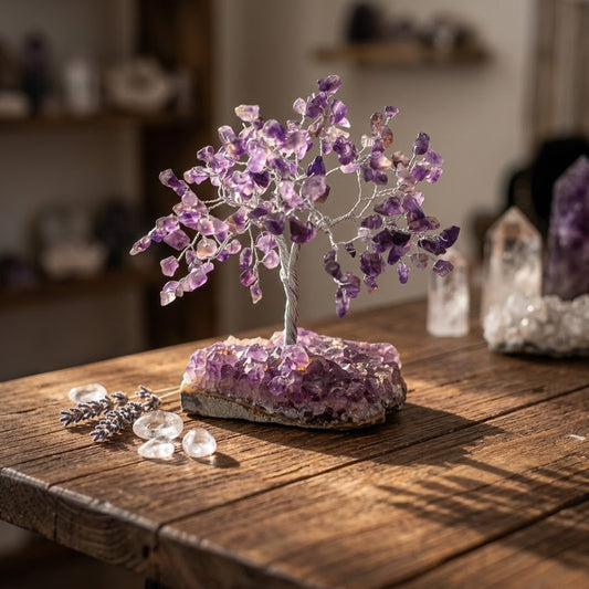 edelsteenboom van amethist op een houten tafel met wat kristallen en gedroogde bloemen