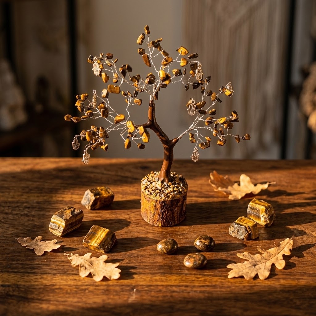 edelsteenboompje met tijgeroog op een houten tafel met wat blaadjes en kristallen errond
