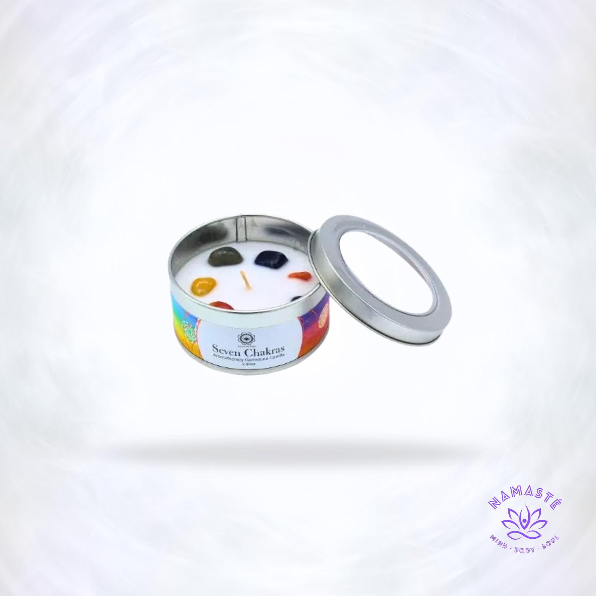 Edelsteenkaars Zeven Chakra’s Nag Champa – rustgevende geur met zeven edelstenen die chakra’s harmoniseren en spirituele balans bevorderen.