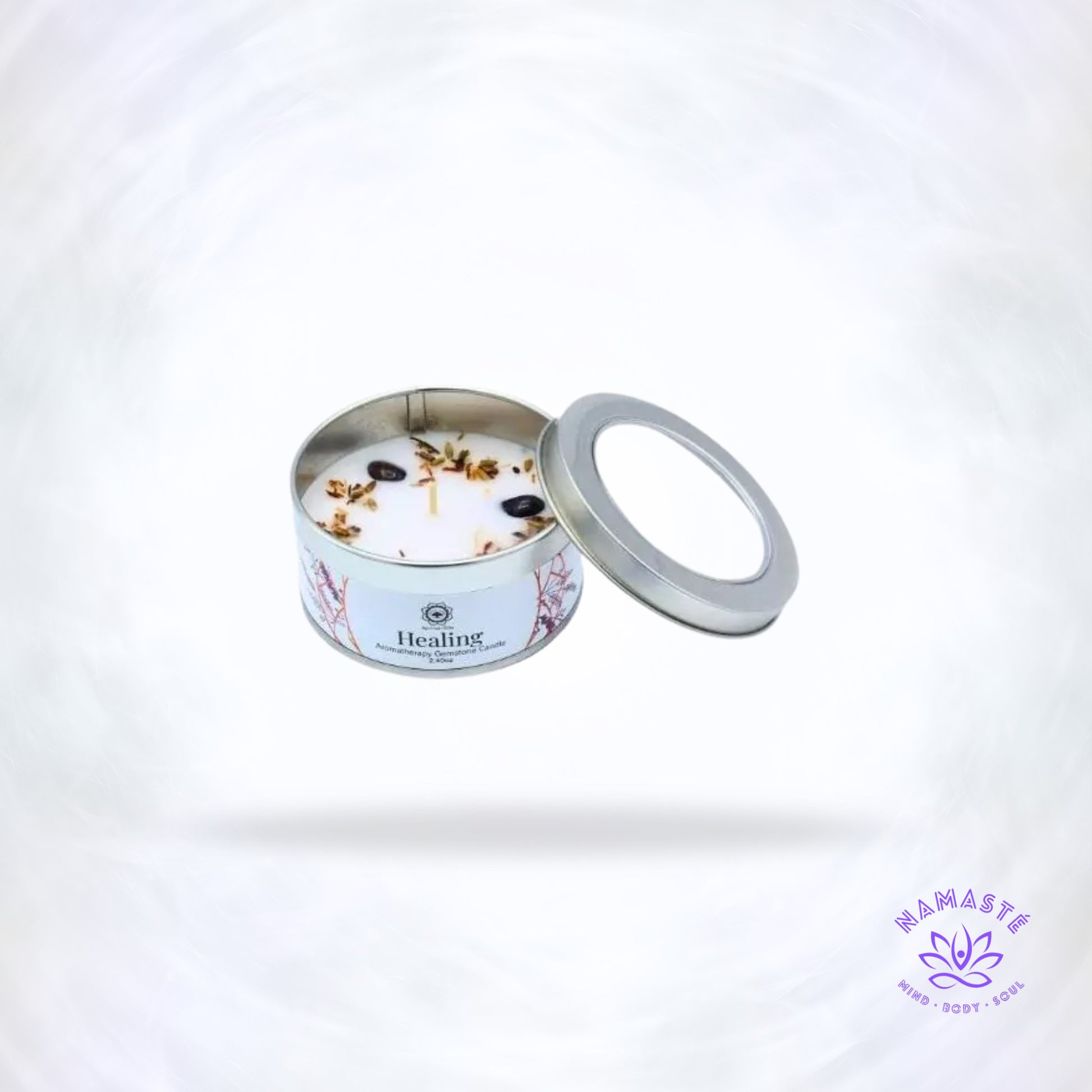 Edelsteenkaars Genezende Lavendel – kalmerende lavendelgeur met amethiststeen die harmonie, ontspanning en genezing bevordert.