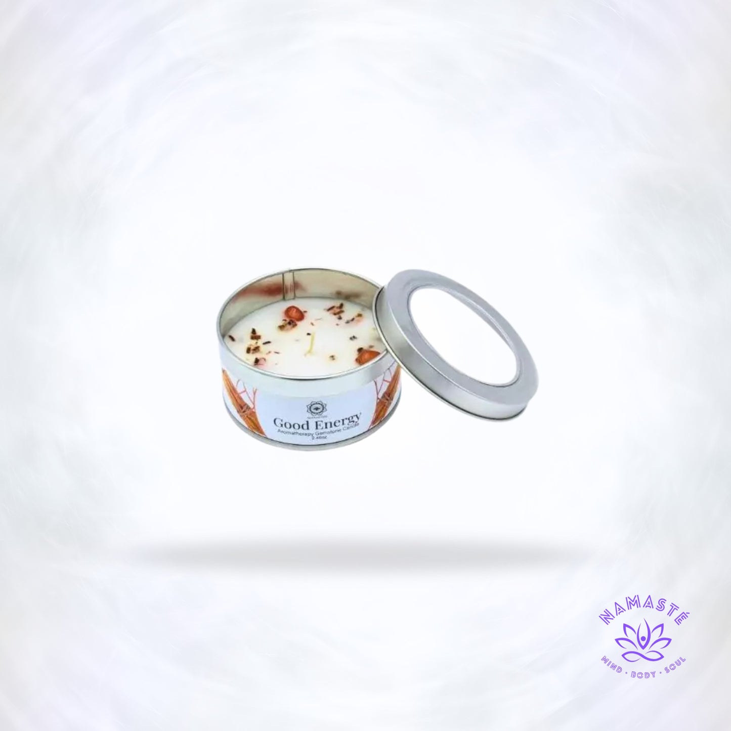 Edelsteenkaars Goede Energie Palo Santo – houtachtige geur met carneool edelsteen die energie zuivert, kracht geeft en welzijn bevordert.