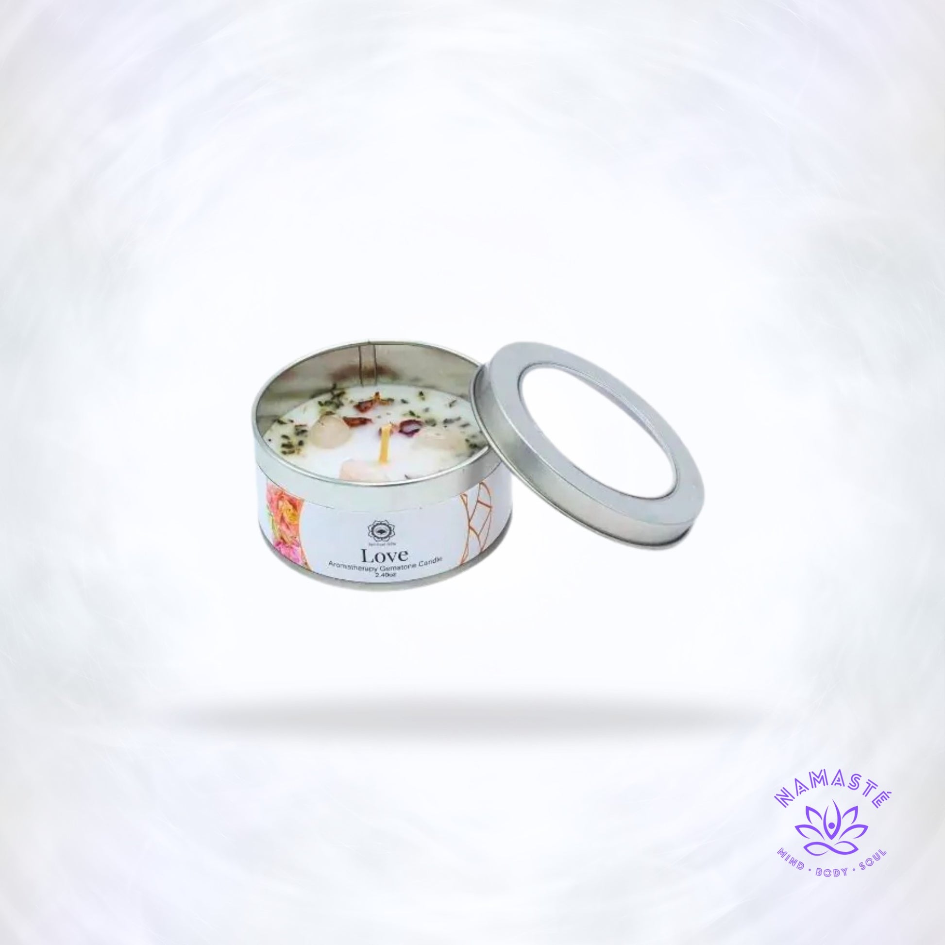 Edelsteenkaars Liefde – rozengeur met rozenkwarts edelsteen die liefde, compassie en innerlijke rust versterkt.