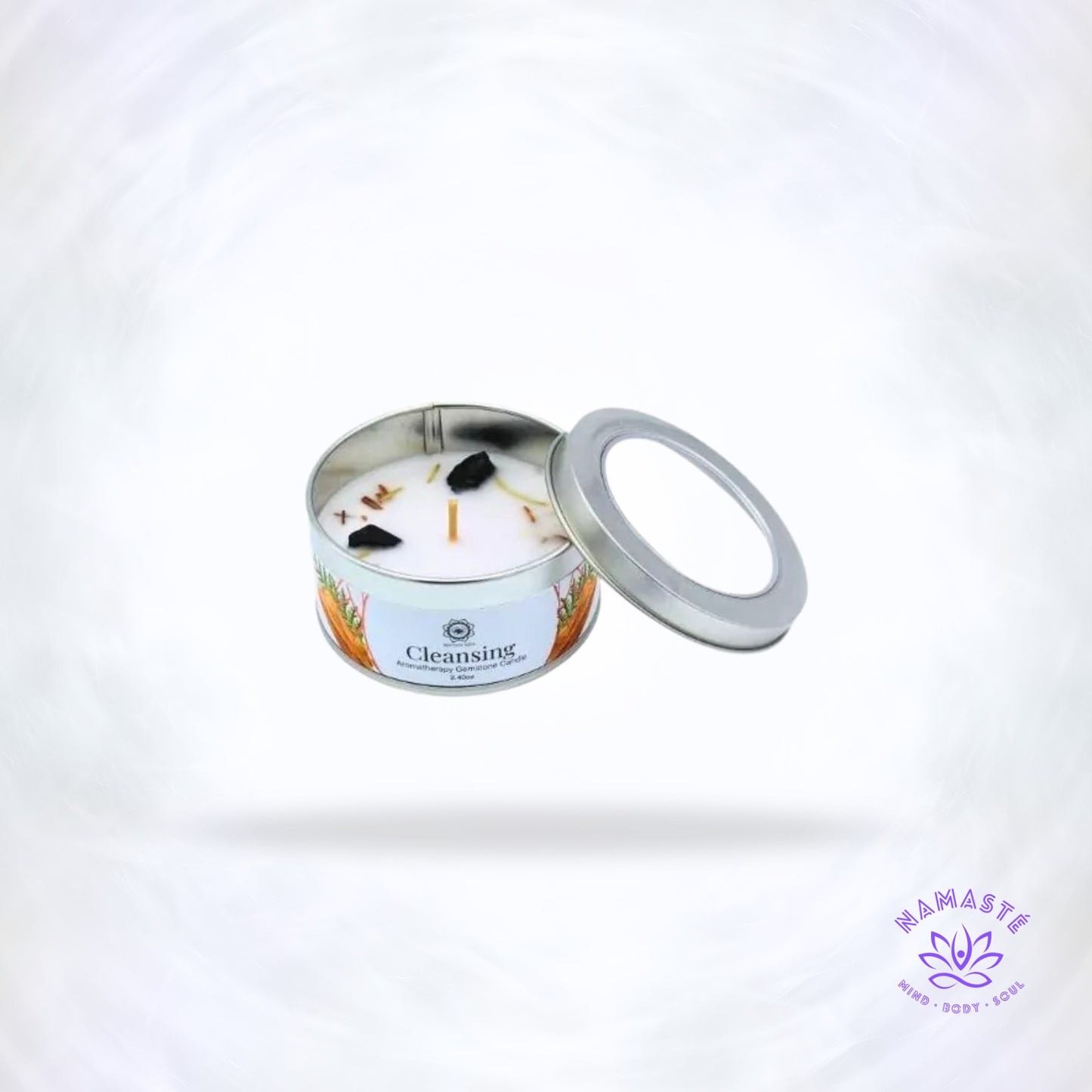 Edelsteenkaars Reinigend Sandelhout – warme, houtachtige geur met zwarte toermalijn die energie zuivert, beschermt en innerlijke rust bevordert.