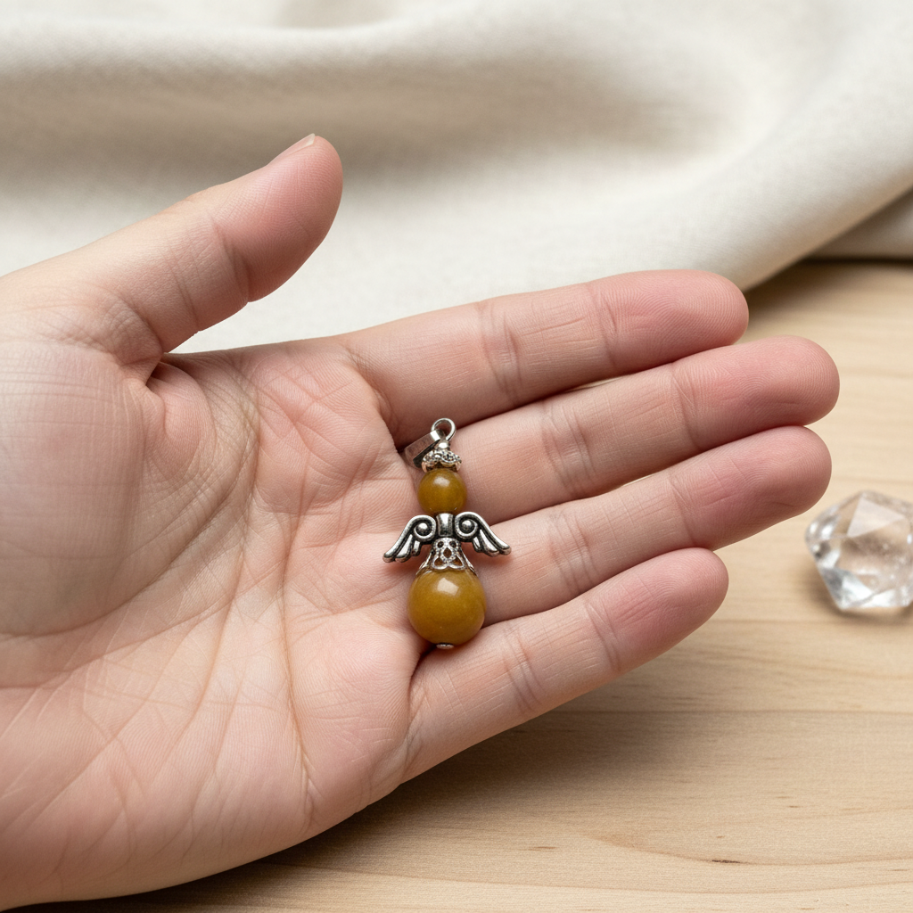 engelenhanger in gele jade in de hand
