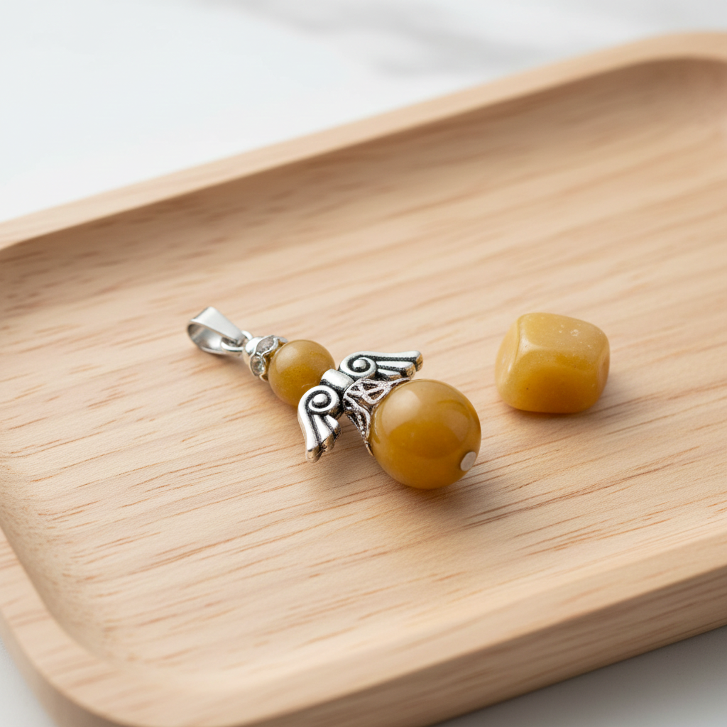 engelenhanger in gele jade op een houten schaaltje