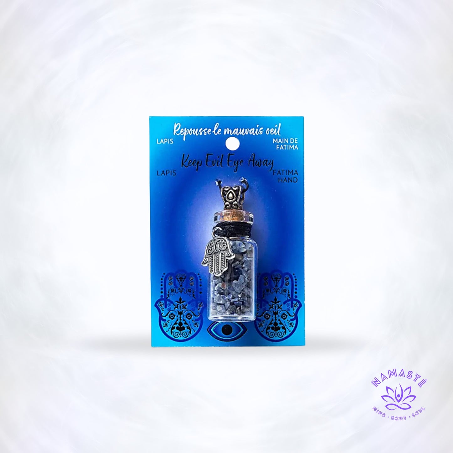 Geschenkflesje met lapis lazuli en Hamsa – diepblauw sieraad dat bescherming, wijsheid en spirituele balans uitstraalt.