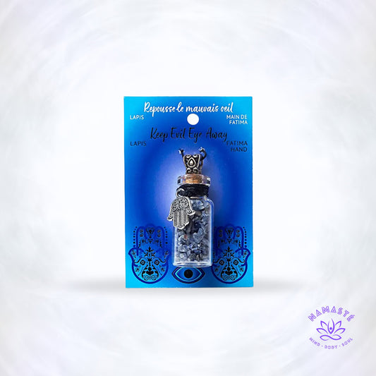 Geschenkflesje met lapis lazuli en Hamsa – diepblauw sieraad dat bescherming, wijsheid en spirituele balans uitstraalt.